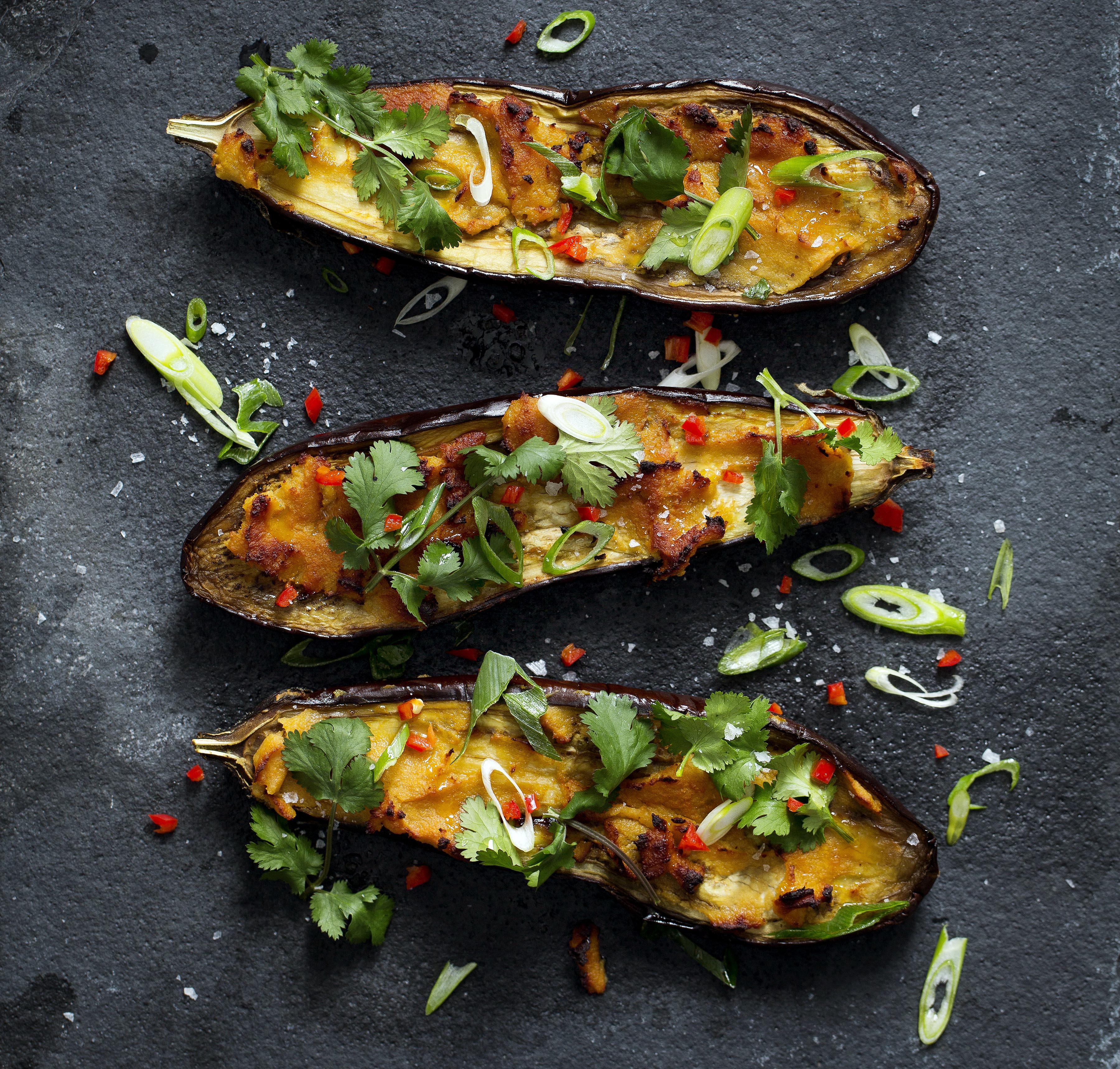 Recipes: Summer Asian Slaw; Pomegranate Grilled Halloumi; and Tahini Miso Baked Aubergines