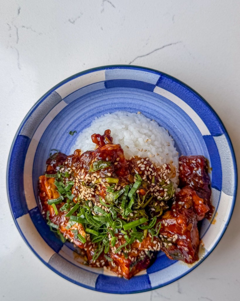 sticky garlic basil tofu 