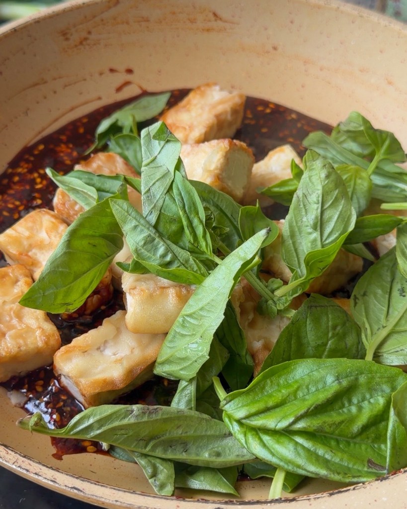 sticky garlic basil tofu 